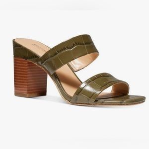 MICHAEL Michael Kors Green Croc Embossed Strappy Block Heel Open Toe Sandal